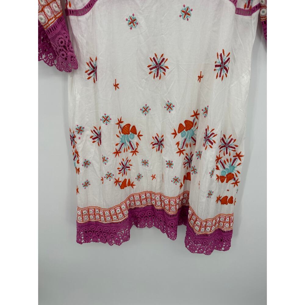 Ruby Yaya Midi Floral Embroidery Midi Dress Size M Boho Vaca Resort Sheer V Neck - Picture 3 of 7